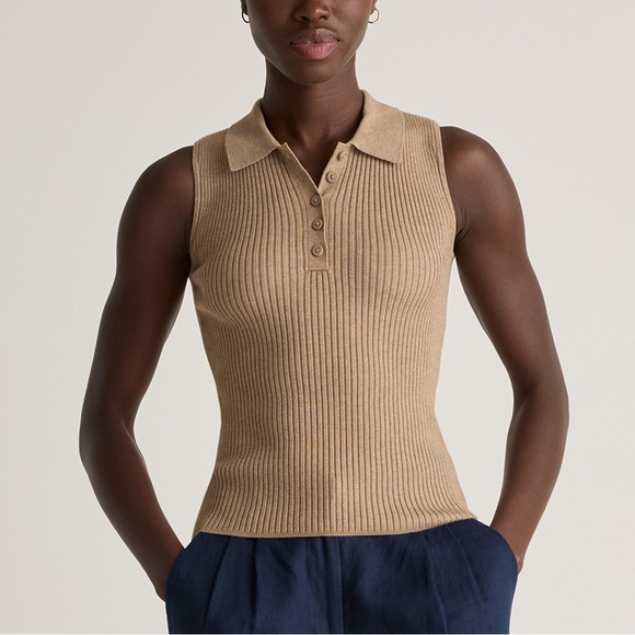Quince Tops - Quince Eco-Knit Polo Sweater Tank Warm Taupe XS